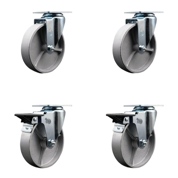 5'' Semi Steel Wheel Swivel Top Plate Caster Set with 2 Posi Brakes, 4PK